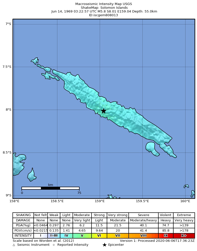 USGS ShakeMap: estimated shaking intensity around the epicenter