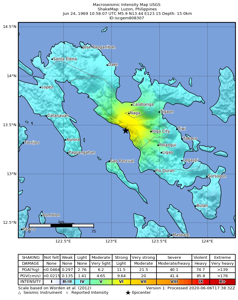 USGS ShakeMap: estimated shaking intensity around the epicenter