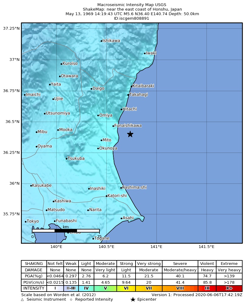 USGS ShakeMap: estimated shaking intensity around the epicenter