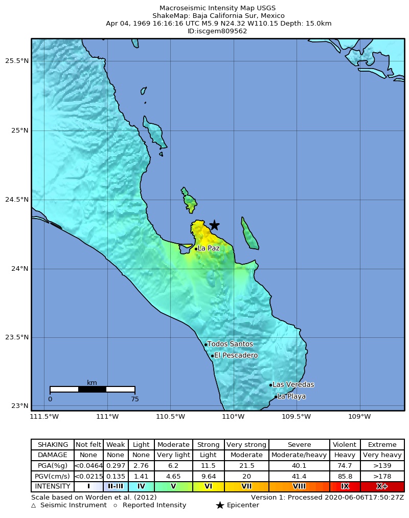 USGS ShakeMap: estimated shaking intensity around the epicenter