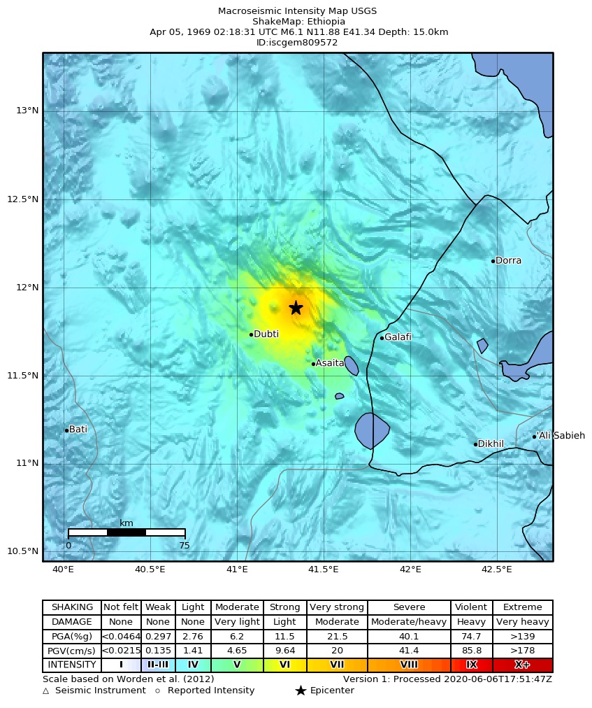 USGS ShakeMap: estimated shaking intensity around the epicenter