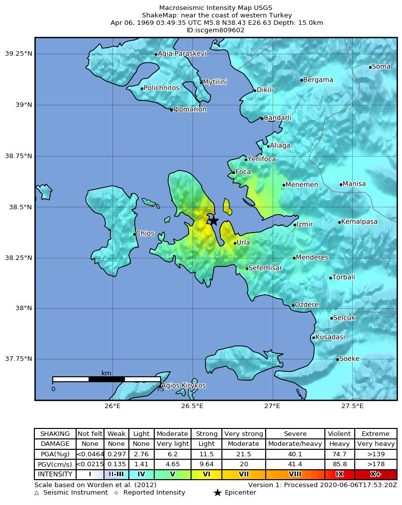 USGS ShakeMap: estimated shaking intensity around the epicenter