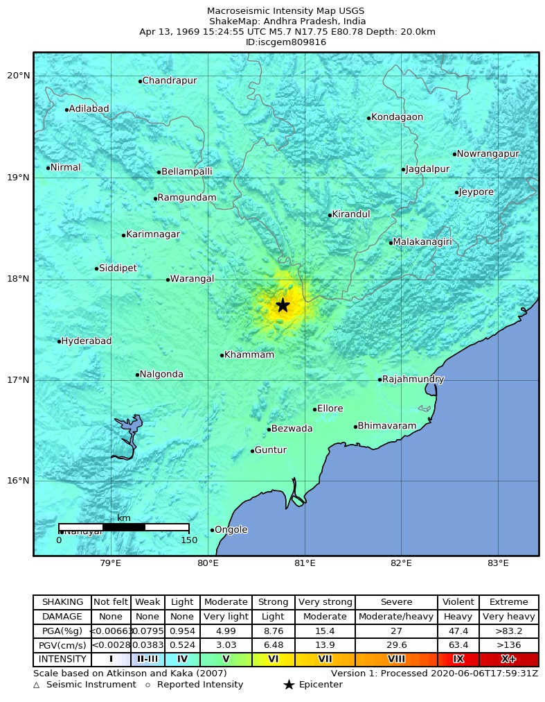 USGS ShakeMap: estimated shaking intensity around the epicenter