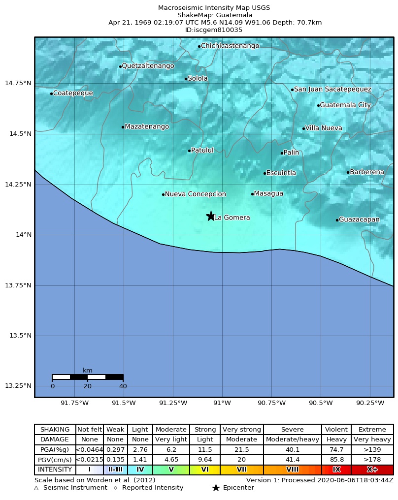 USGS ShakeMap: estimated shaking intensity around the epicenter
