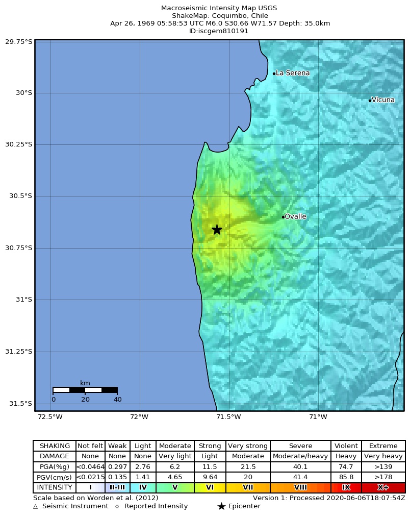USGS ShakeMap: estimated shaking intensity around the epicenter