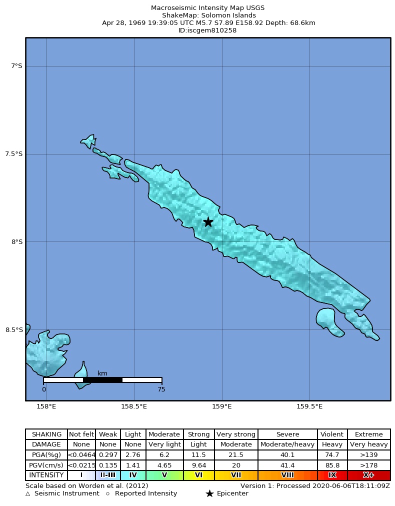USGS ShakeMap: estimated shaking intensity around the epicenter