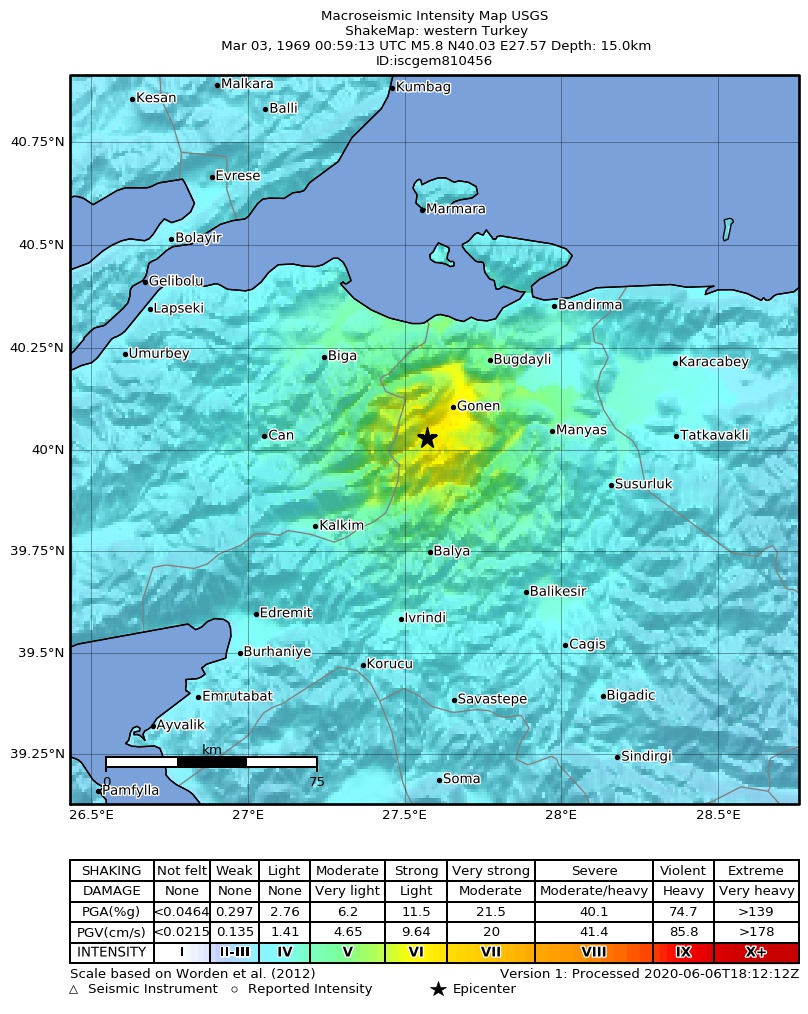 USGS ShakeMap: estimated shaking intensity around the epicenter