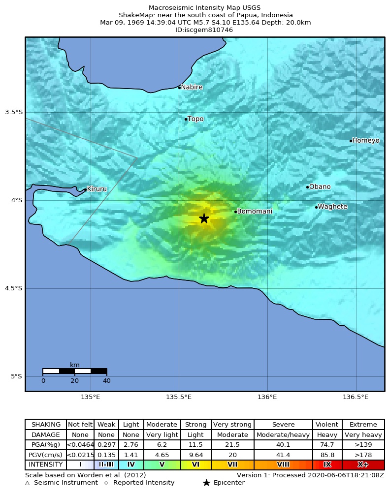 USGS ShakeMap: estimated shaking intensity around the epicenter