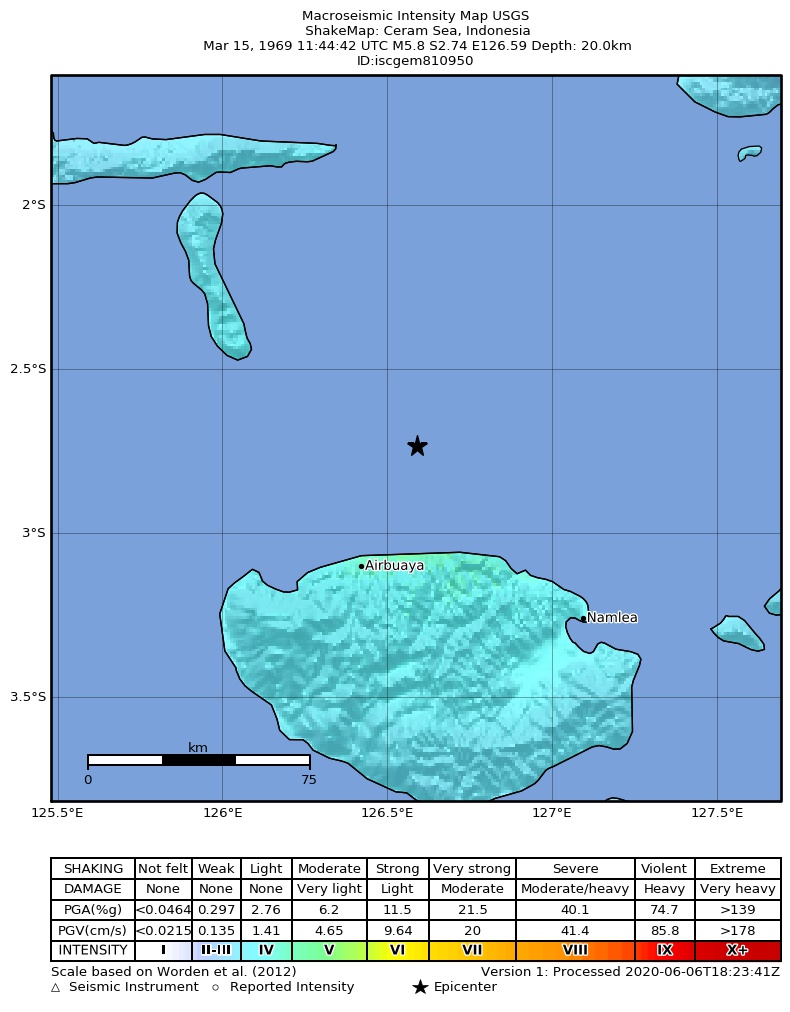 USGS ShakeMap: estimated shaking intensity around the epicenter