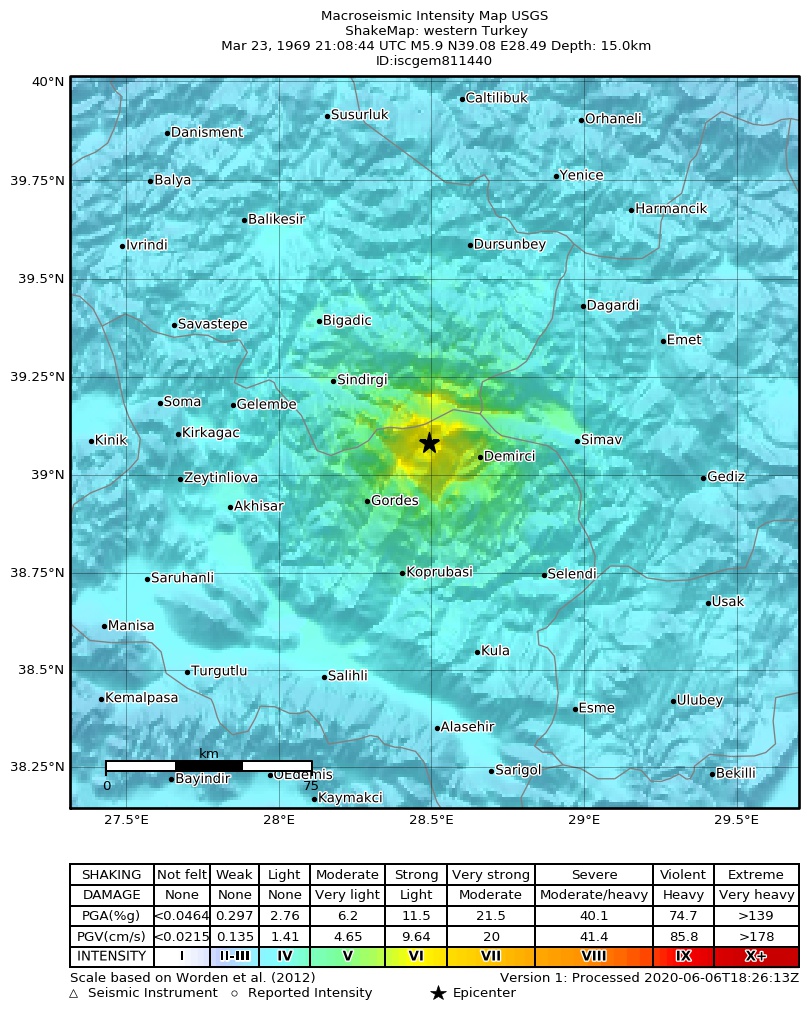 USGS ShakeMap: estimated shaking intensity around the epicenter