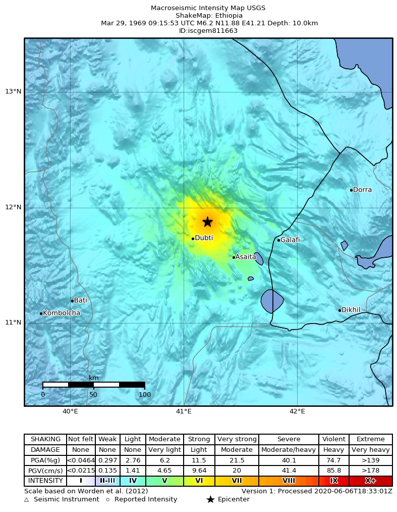 USGS ShakeMap: estimated shaking intensity around the epicenter