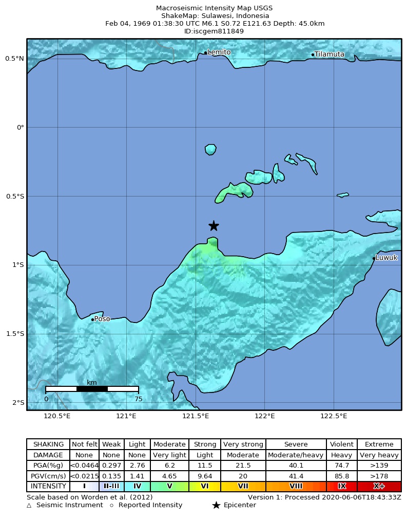 USGS ShakeMap: estimated shaking intensity around the epicenter