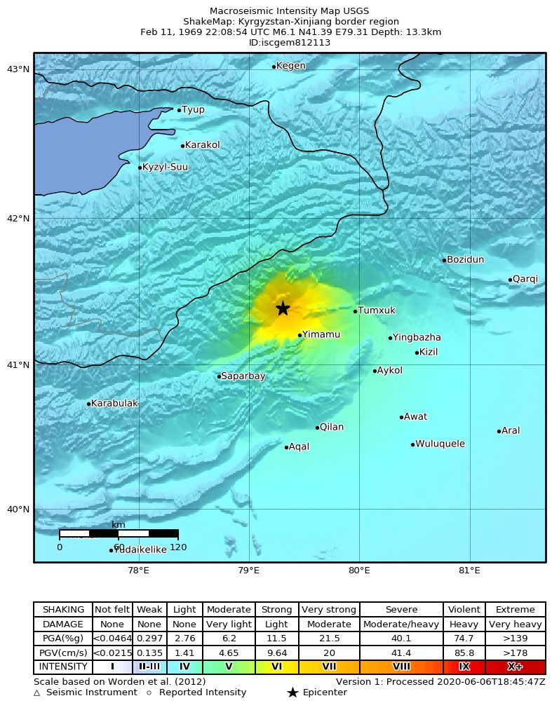USGS ShakeMap: estimated shaking intensity around the epicenter