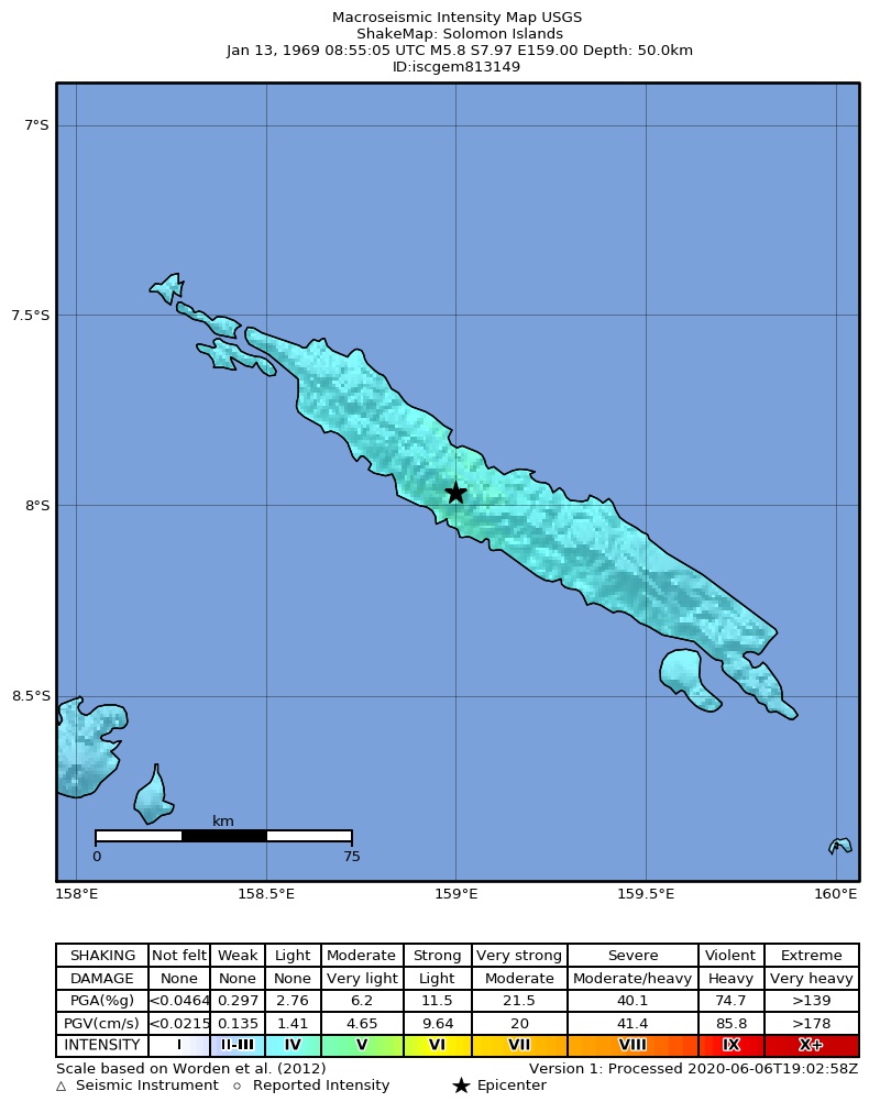 USGS ShakeMap: estimated shaking intensity around the epicenter