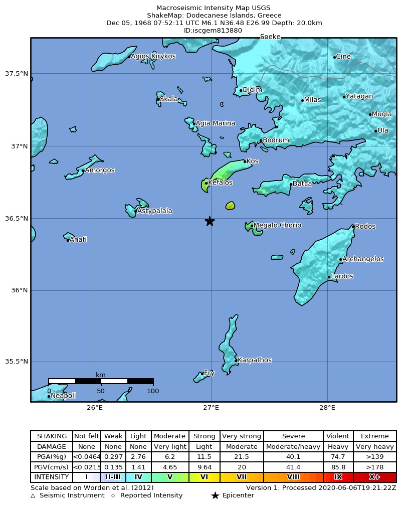 USGS ShakeMap: estimated shaking intensity around the epicenter