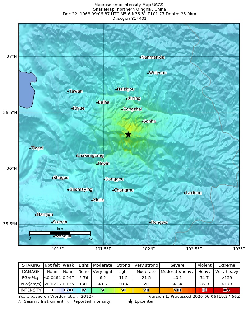 USGS ShakeMap: estimated shaking intensity around the epicenter