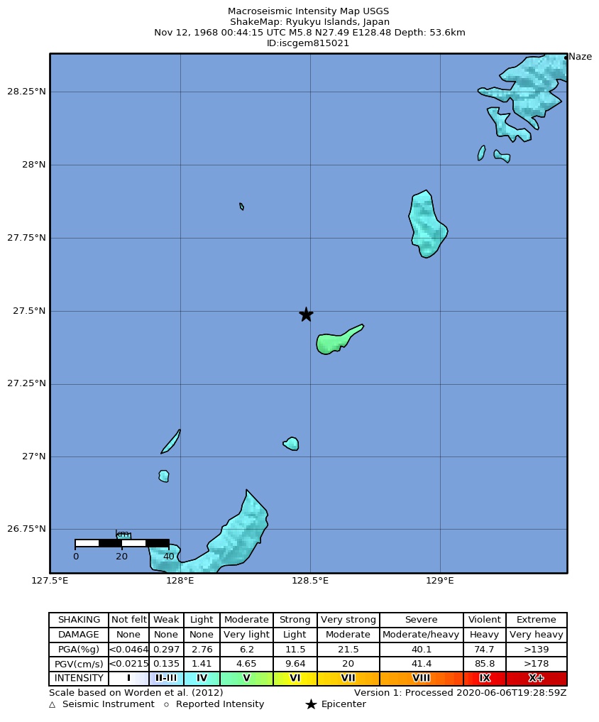USGS ShakeMap: estimated shaking intensity around the epicenter