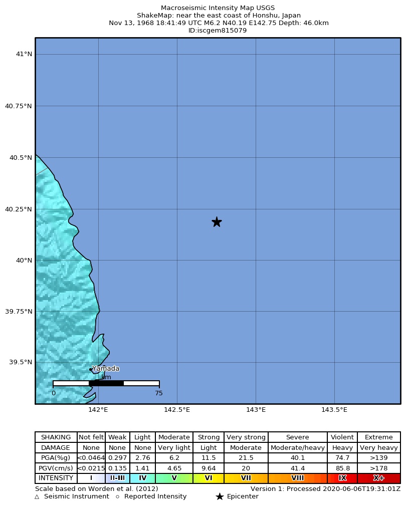USGS ShakeMap: estimated shaking intensity around the epicenter