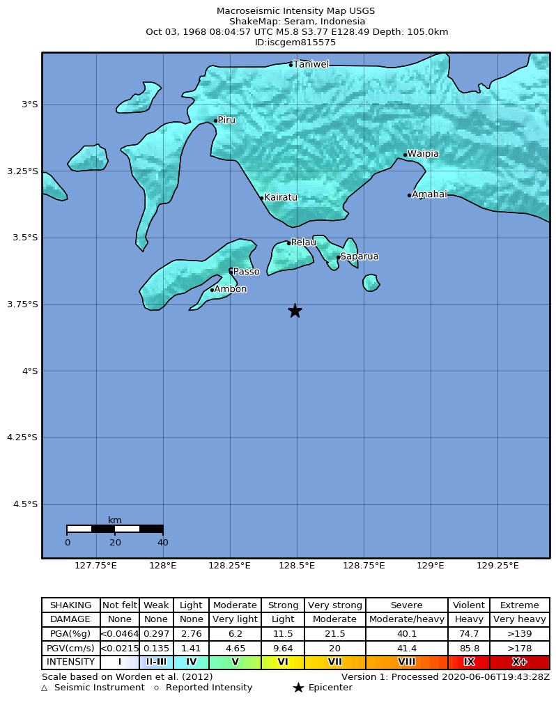 USGS ShakeMap: estimated shaking intensity around the epicenter