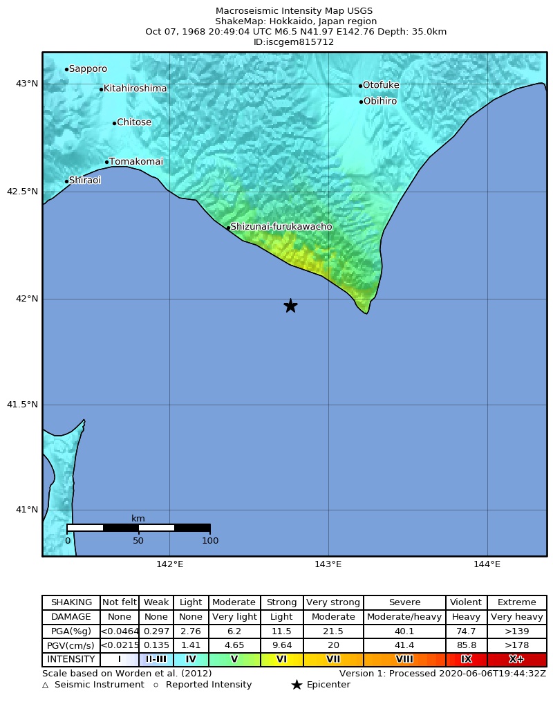 USGS ShakeMap: estimated shaking intensity around the epicenter
