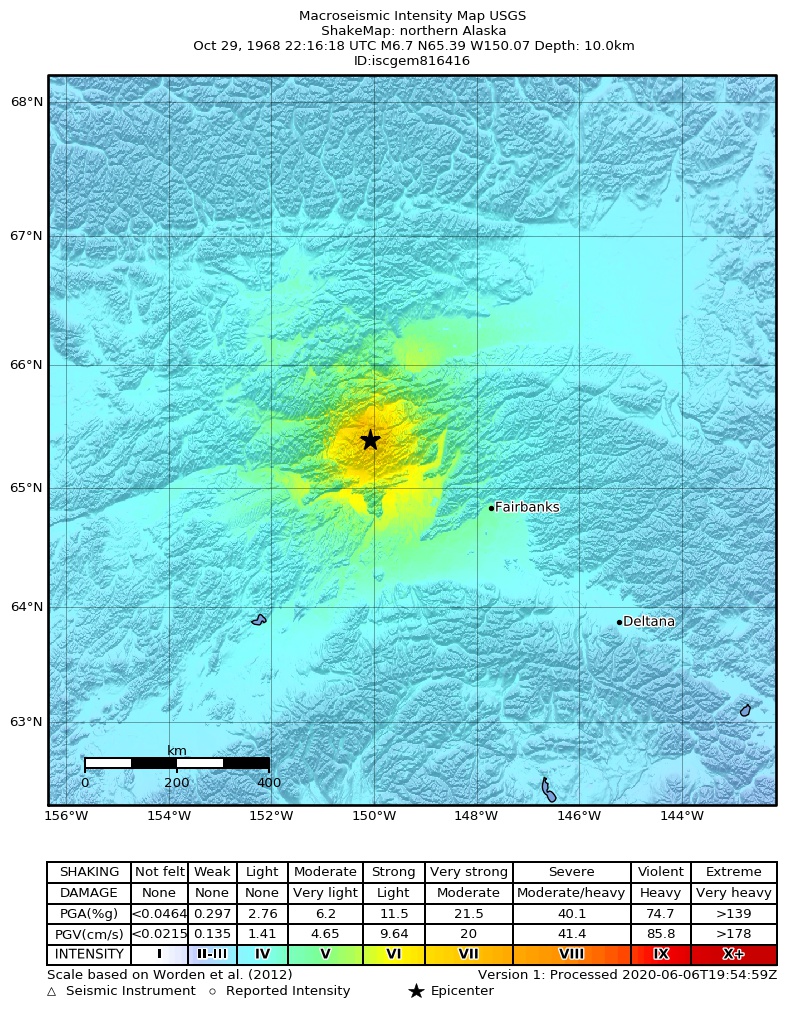 USGS ShakeMap: estimated shaking intensity around the epicenter