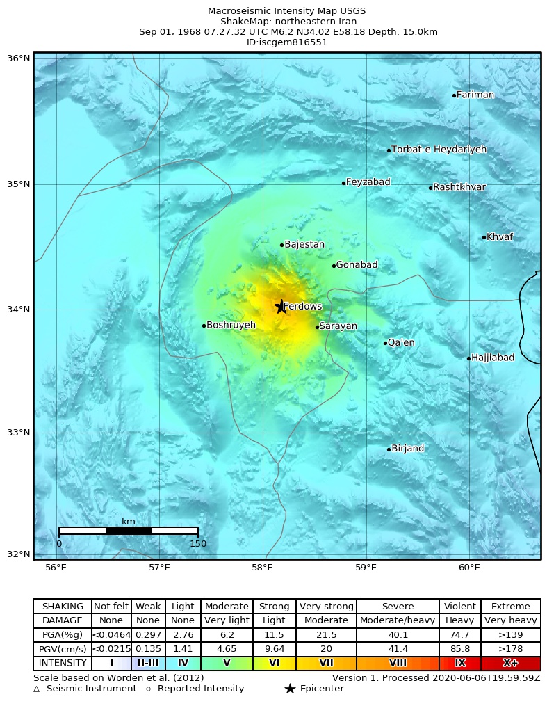 USGS ShakeMap: estimated shaking intensity around the epicenter
