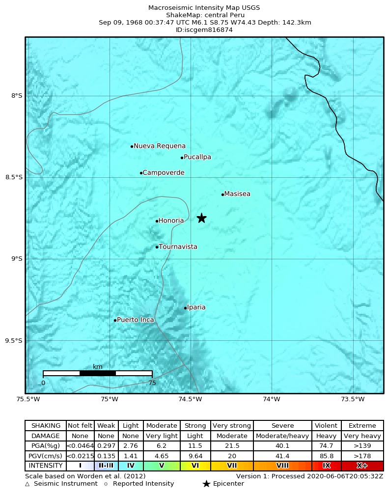 USGS ShakeMap: estimated shaking intensity around the epicenter