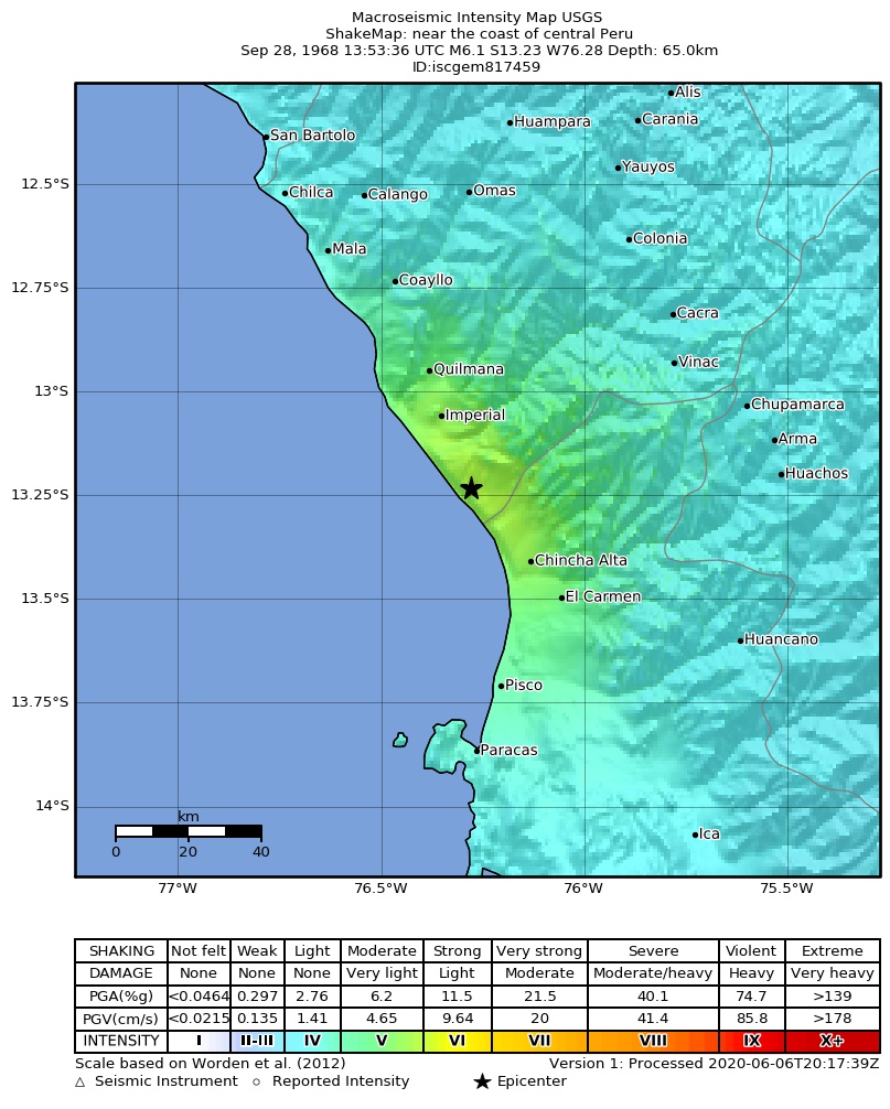 USGS ShakeMap: estimated shaking intensity around the epicenter