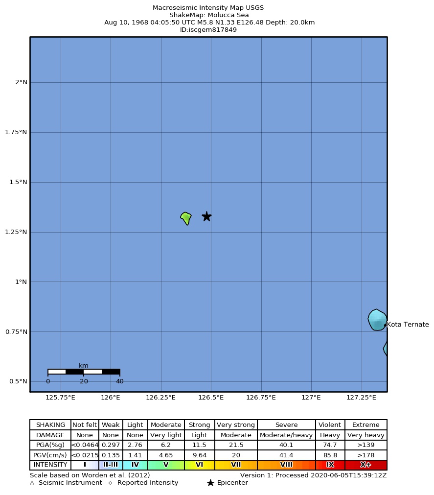 USGS ShakeMap: estimated shaking intensity around the epicenter