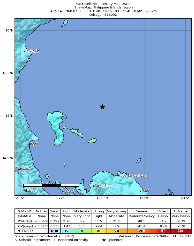 USGS ShakeMap: estimated shaking intensity around the epicenter