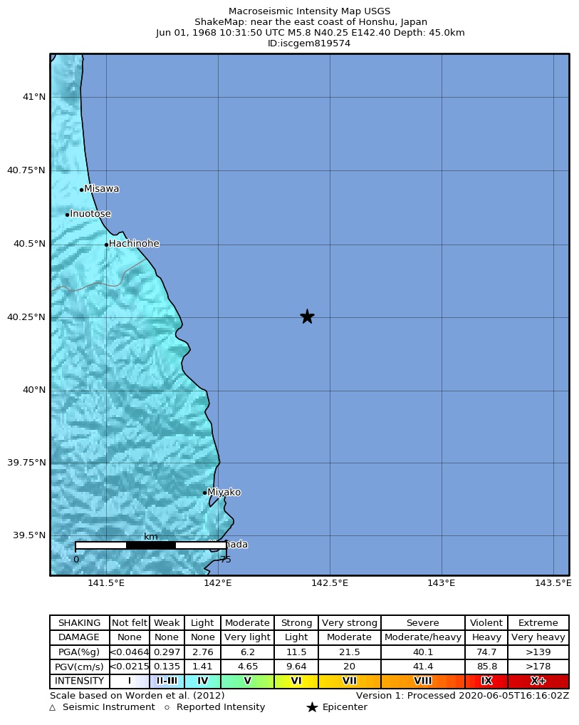 USGS ShakeMap: estimated shaking intensity around the epicenter