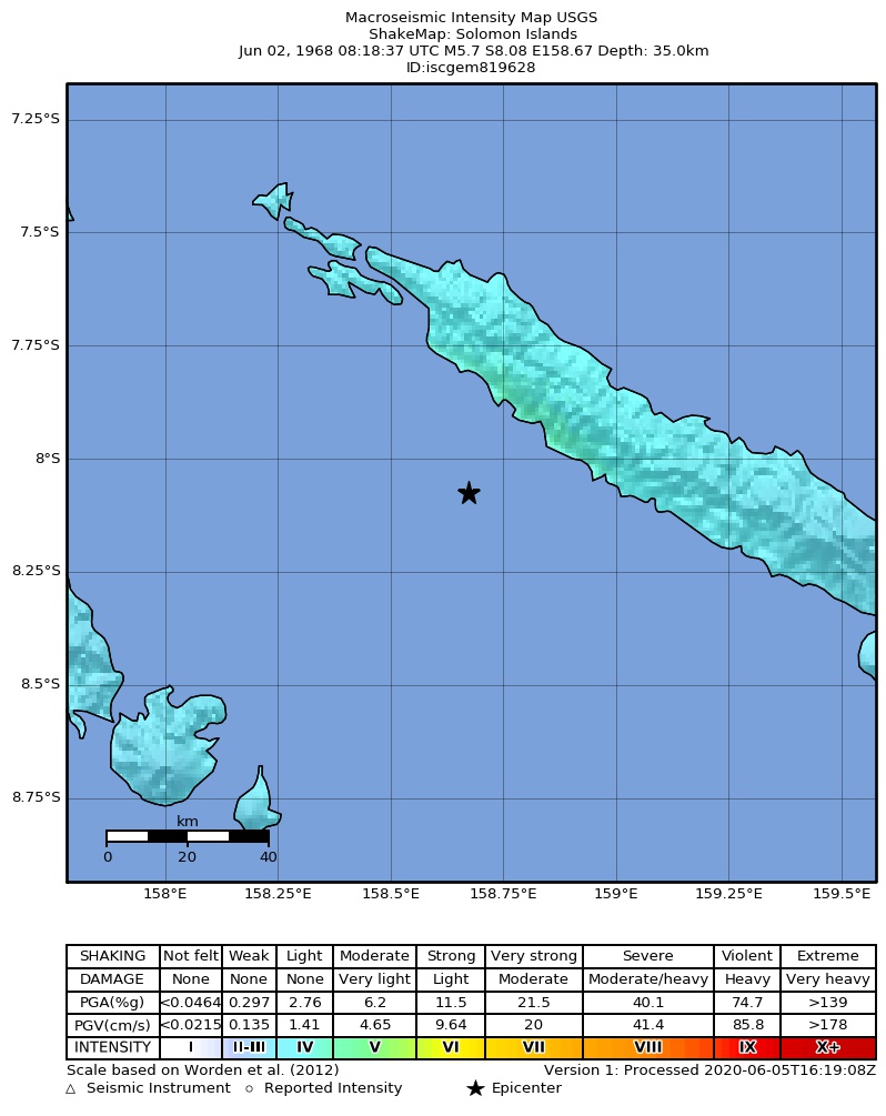 USGS ShakeMap: estimated shaking intensity around the epicenter