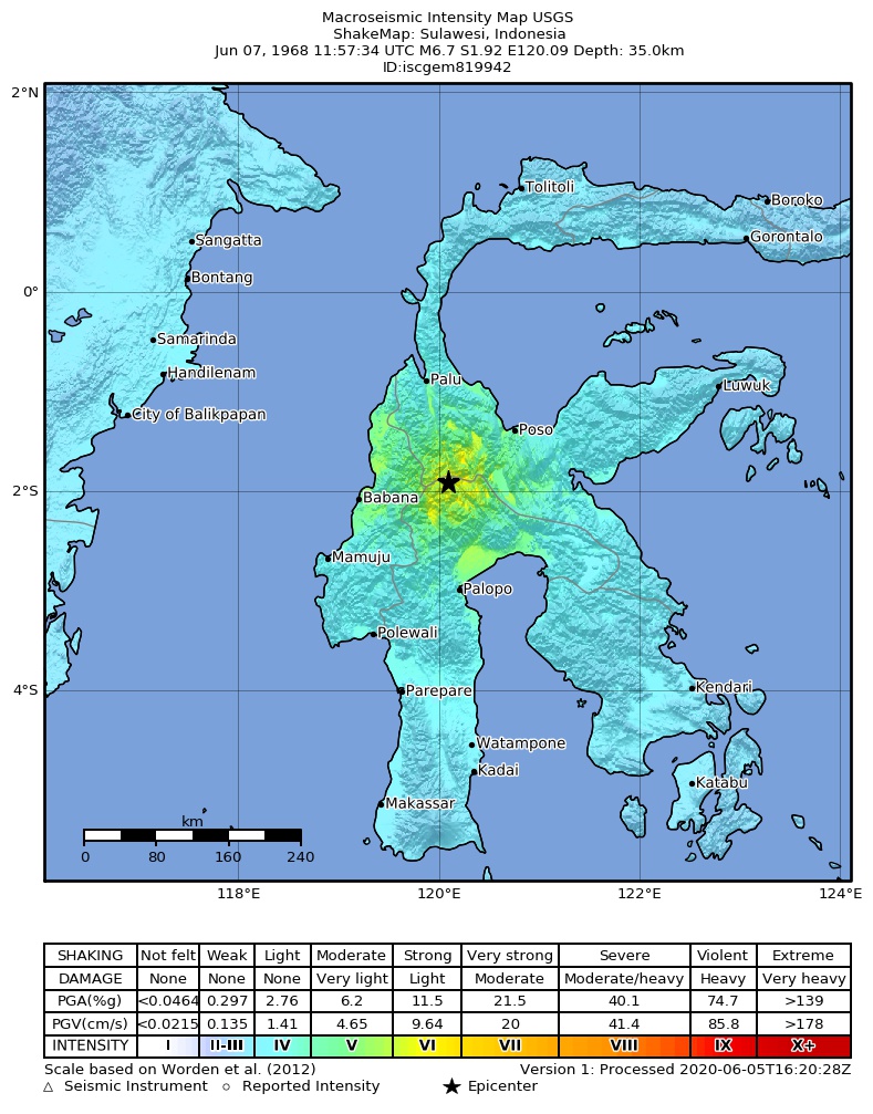 USGS ShakeMap: estimated shaking intensity around the epicenter