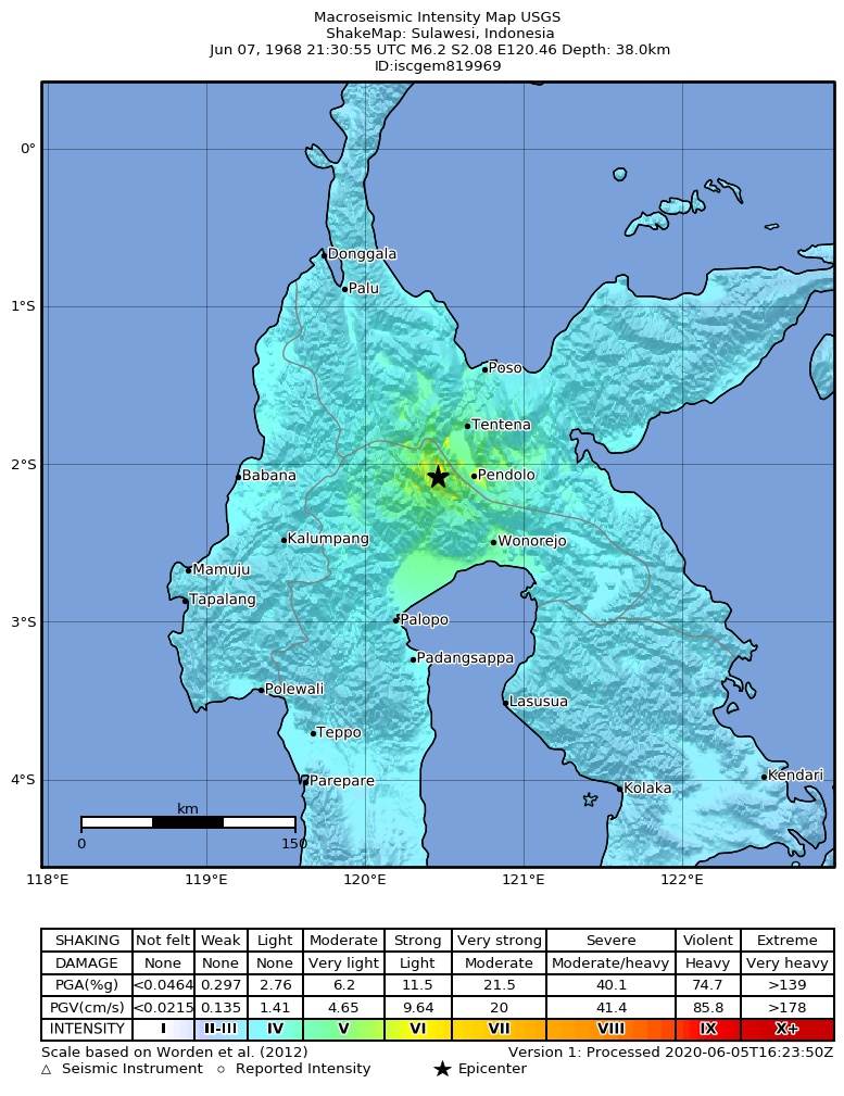 USGS ShakeMap: estimated shaking intensity around the epicenter