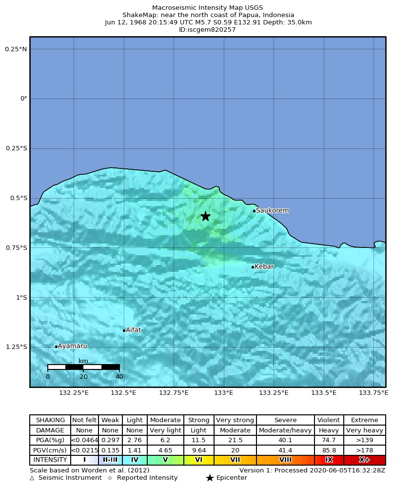 USGS ShakeMap: estimated shaking intensity around the epicenter