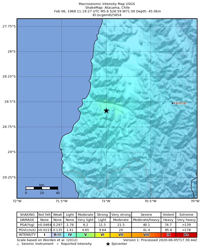 USGS ShakeMap: estimated shaking intensity around the epicenter