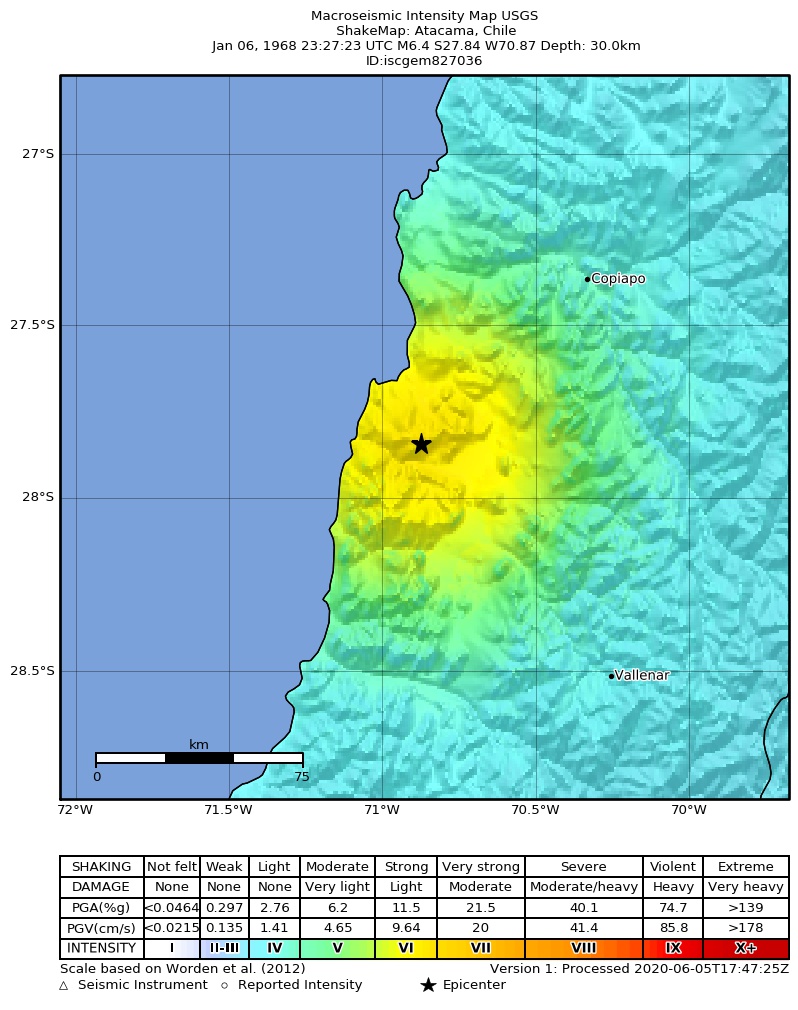 USGS ShakeMap: estimated shaking intensity around the epicenter
