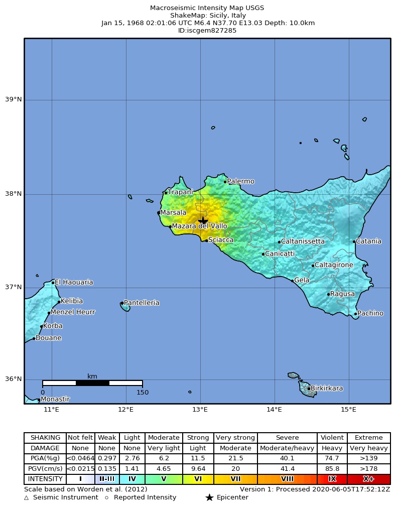 USGS ShakeMap: estimated shaking intensity around the epicenter