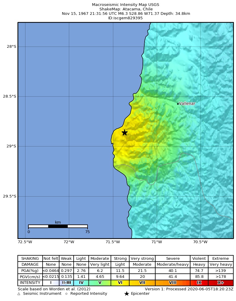 USGS ShakeMap: estimated shaking intensity around the epicenter