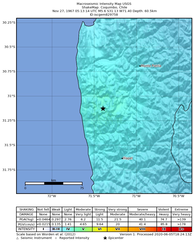 USGS ShakeMap: estimated shaking intensity around the epicenter