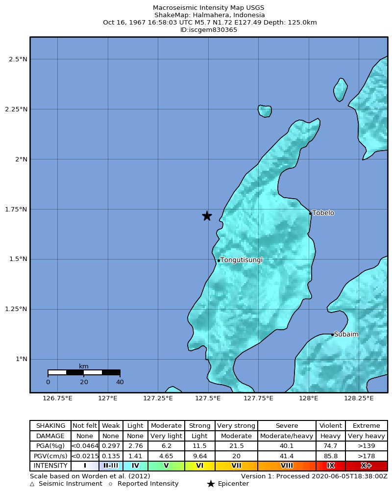 USGS ShakeMap: estimated shaking intensity around the epicenter