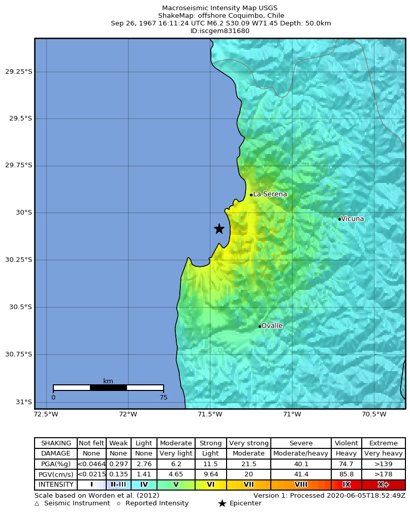 USGS ShakeMap: estimated shaking intensity around the epicenter