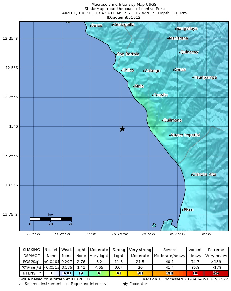 USGS ShakeMap: estimated shaking intensity around the epicenter