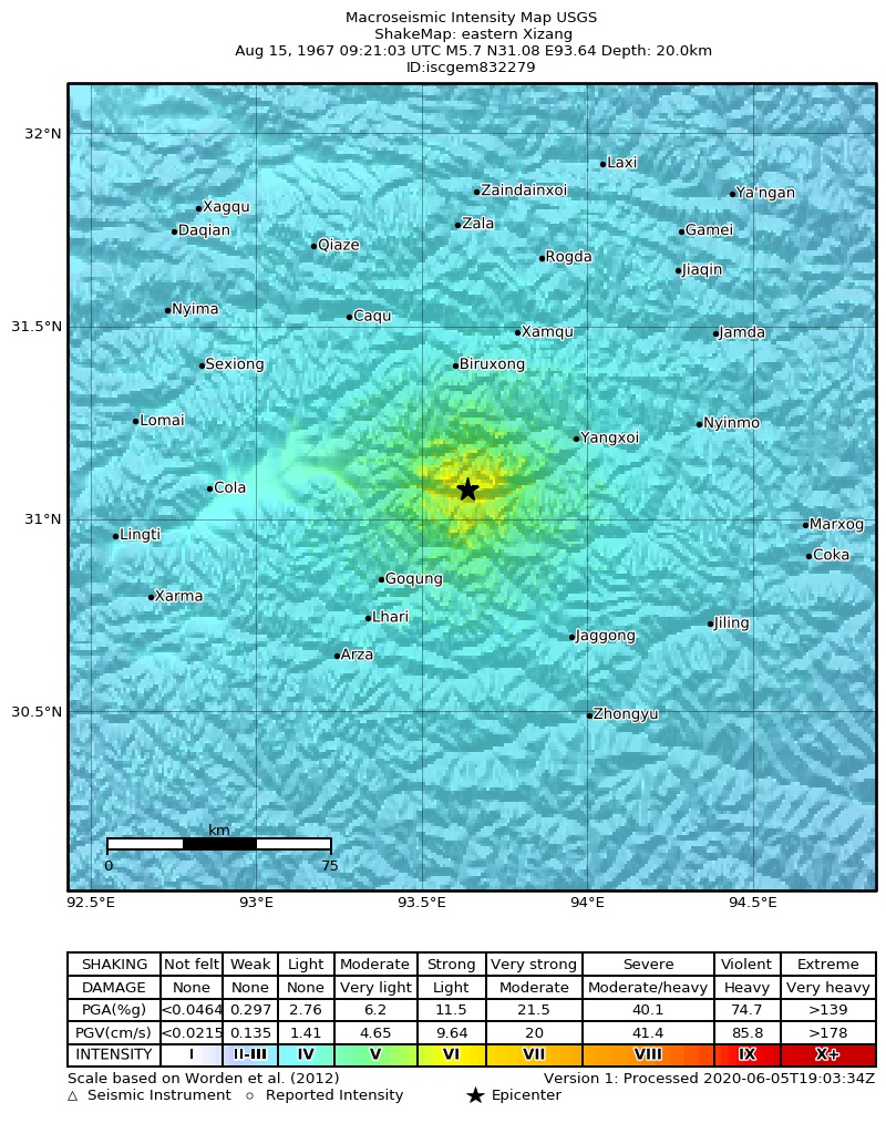 USGS ShakeMap: estimated shaking intensity around the epicenter