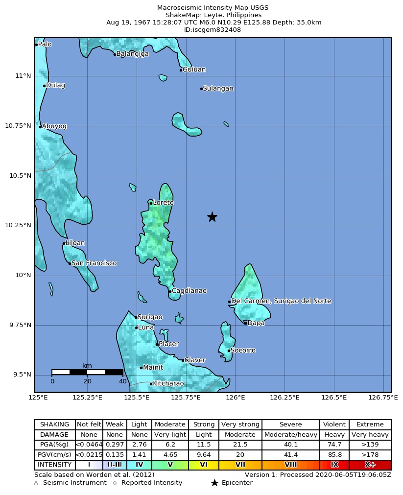USGS ShakeMap: estimated shaking intensity around the epicenter