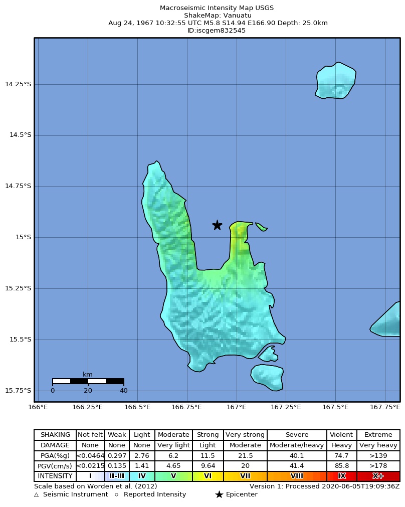 USGS ShakeMap: estimated shaking intensity around the epicenter