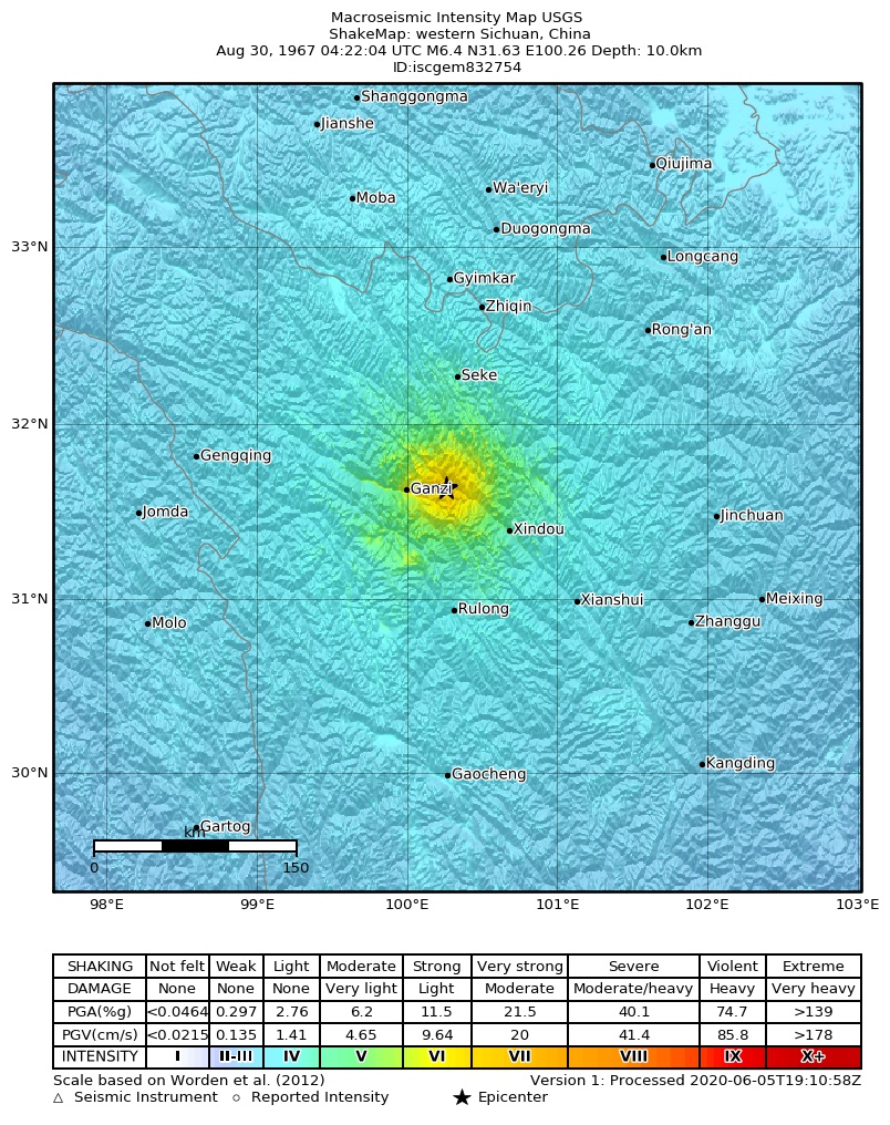USGS ShakeMap: estimated shaking intensity around the epicenter