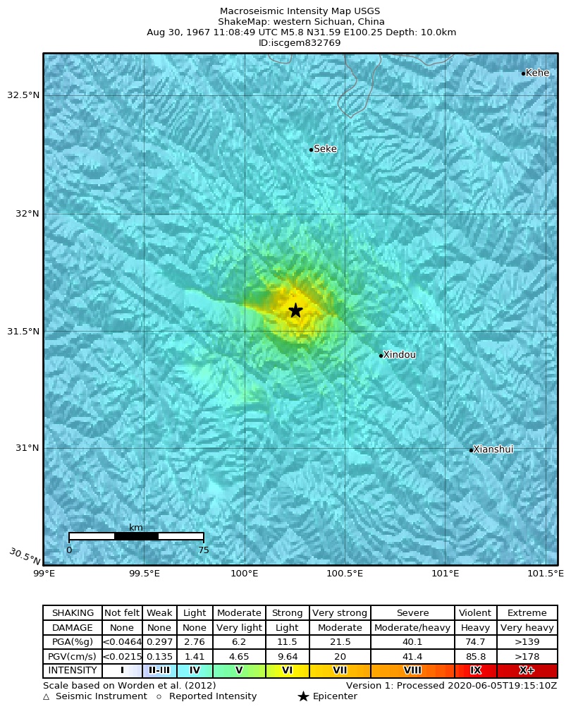 USGS ShakeMap: estimated shaking intensity around the epicenter