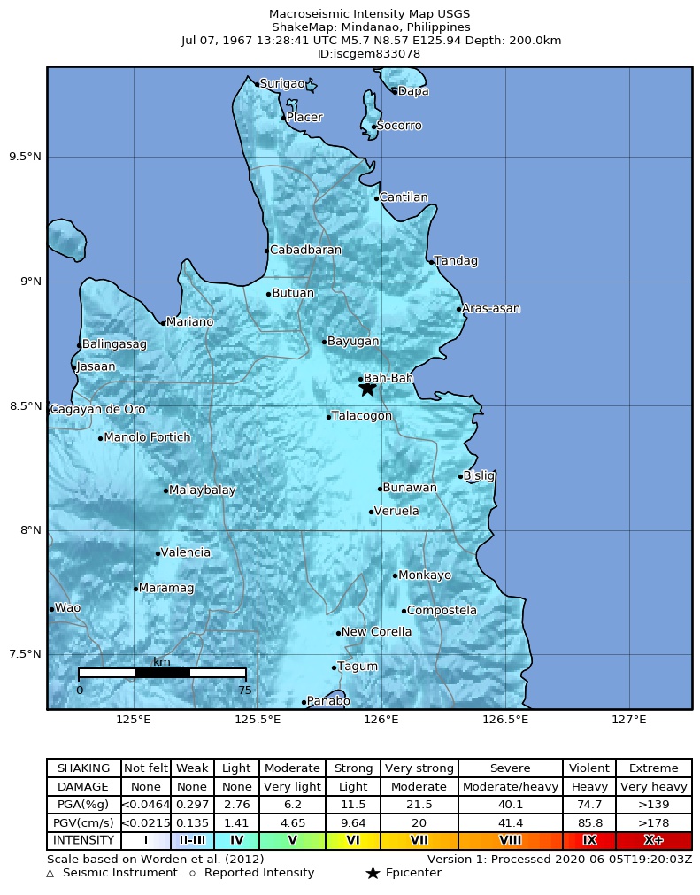USGS ShakeMap: estimated shaking intensity around the epicenter