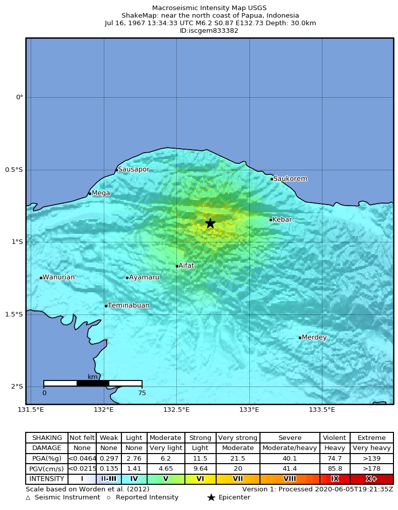 USGS ShakeMap: estimated shaking intensity around the epicenter